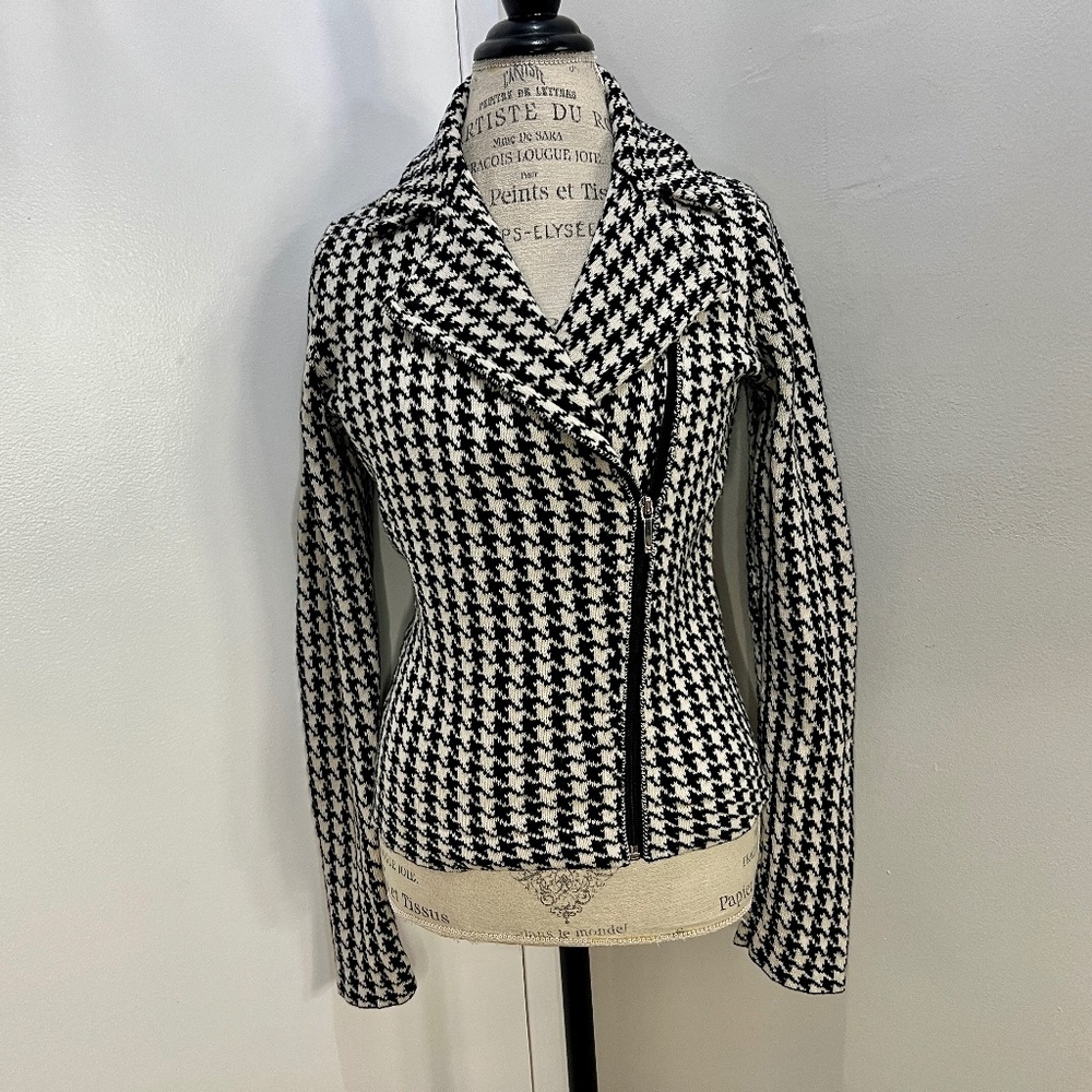 CHAPS houndstooth print jacket zipper 100 % COTTON Size M black and white